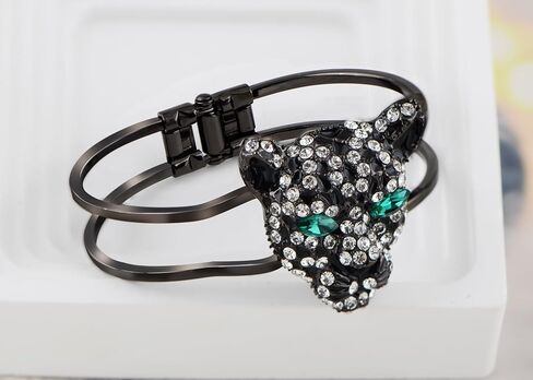 Alilang Golden Tone Clear Crystal Rhinestone Black Enamel Cheetah Leopard Jaguar Head Bangle Bracelet in Kuwait