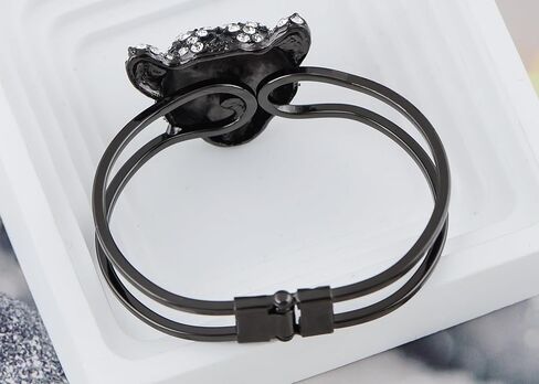 Alilang Golden Tone Clear Crystal Rhinestone Black Enamel Cheetah Leopard Jaguar Head Bangle Bracelet in Kuwait
