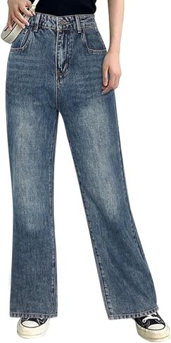 Genleck Women's Wide Leg Jeans - Distressed High Waisted Loose Straight Leg Jeans Stretch Ripped Denim Pants in Kuwait