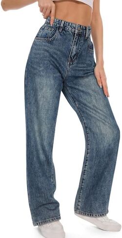 Genleck Women's Wide Leg Jeans - Distressed High Waisted Loose Straight Leg Jeans Stretch Ripped Denim Pants in Kuwait
