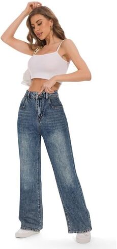 Genleck Women's Wide Leg Jeans - Distressed High Waisted Loose Straight Leg Jeans Stretch Ripped Denim Pants in Kuwait