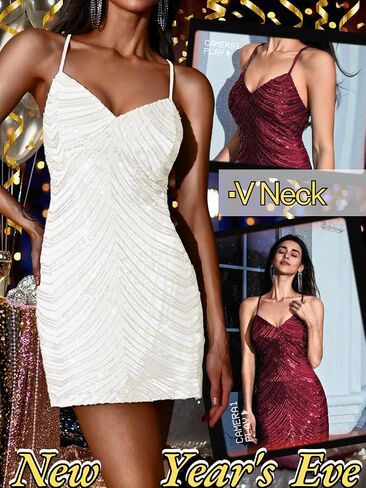 Kaei&Shi Sequin Mini Dress,V Neck Spaghetti Strap Sparkly Prom Dresses for Women,Sexy Birthday Outfit HOCO Cocktail Nye Party in Saudi Arabia
