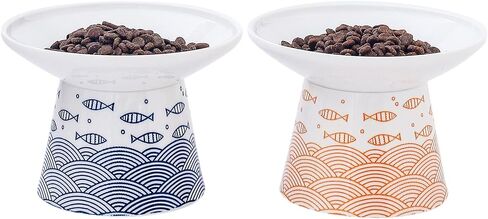 6.25 Inch Extra Wide Elevated Ceramic Cat Bowls, Food and Water Bowl Set for Elder Big Cats Small Dogs, Raised Design for Pet Easy Eating, Protect Cat's Spine, Black & Orange, Set of 2 in Saudi Arabia
