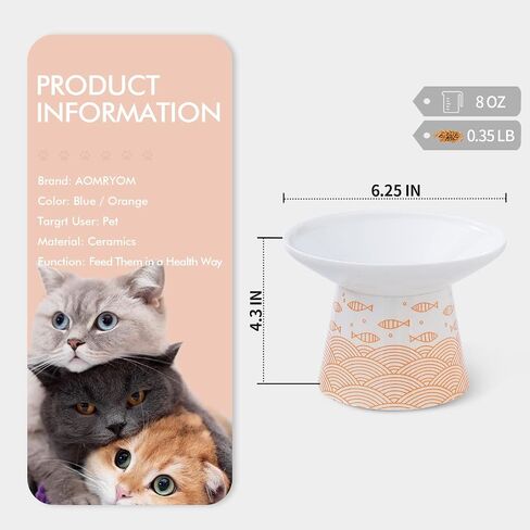6.25 Inch Extra Wide Elevated Ceramic Cat Bowls, Food and Water Bowl Set for Elder Big Cats Small Dogs, Raised Design for Pet Easy Eating, Protect Cat's Spine, Black & Orange, Set of 2 in Saudi Arabia