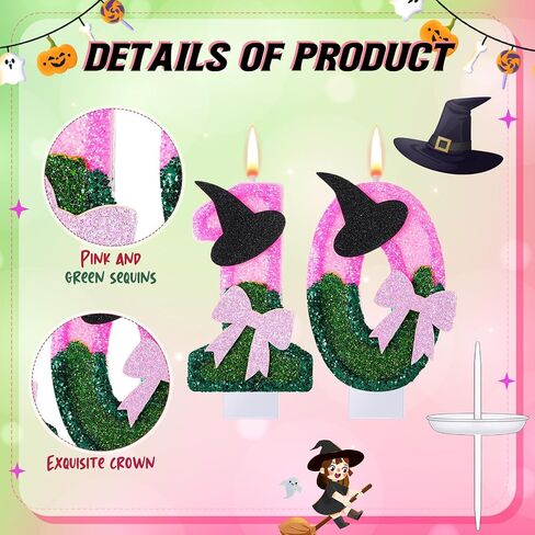 Witch Princess Theme Candle Pink and Green Party Decorations Witch Hat Bow Birthday Cake Toppers Cupcake Toppers for Party Supplies Wedding Anniversary Decor(10) in Saudi Arabia