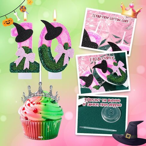 Witch Princess Theme Candle Pink and Green Party Decorations Witch Hat Bow Birthday Cake Toppers Cupcake Toppers for Party Supplies Wedding Anniversary Decor(10) in Saudi Arabia