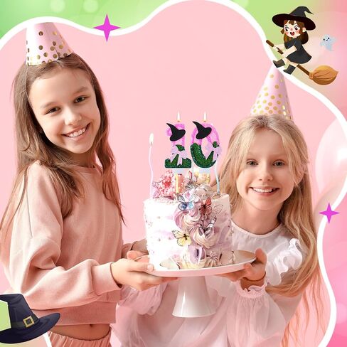 Witch Princess Theme Candle Pink and Green Party Decorations Witch Hat Bow Birthday Cake Toppers Cupcake Toppers for Party Supplies Wedding Anniversary Decor(10) in Saudi Arabia