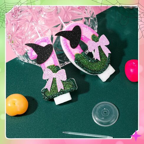 Witch Princess Theme Candle Pink and Green Party Decorations Witch Hat Bow Birthday Cake Toppers Cupcake Toppers for Party Supplies Wedding Anniversary Decor(10) in Saudi Arabia