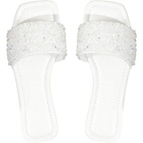 GORGLITTER Women's Sparkly Rhinestone Flat Sandals Bling Slip on Open Toe Slide Sandals Summer Squared Slippers
