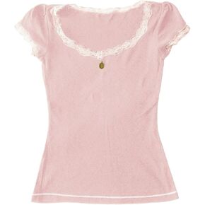 Y2K Fairy Lace Trim Top for Teen Girls Short Sleeve Slim Fit T-Shirts 2000s Tees Aesthetic Clothes