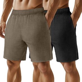Neer 2 Pack Men's Linen Shorts Casual Lightweight Elastic Waist Summer Plus Size Vacation Beach Shorts with Pockets