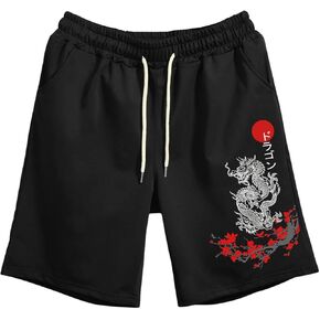 Men's Dragon Graphic Shorts Japanese Letter Print Drawstring Cool Designer Track Shorts
