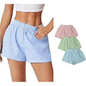 MakeMeChic Women's 3 Pack Striped Elastic Waist Straight Wide Leg Pajama Lounge Shorts