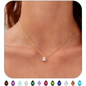 18K Gold Plated Birthstone Necklace for Women Dainty Diamond Teardrop Necklaces Emerald Green CZ Pendant Necklace Birthday Gift for Women Jewelry