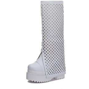 Women's Genuine Leather Height Increasing Wedges White Platform Cut Out Perforated Breathable Knight Long Knee - High Summer Cool Fold Over Boots 240305