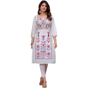 JG JAI GOVINDAM HAND HAND ASMBROIDER Kurti للنساء Chikankari القطن المستقيم Long Kurti's Tunic Dreses للنساء
