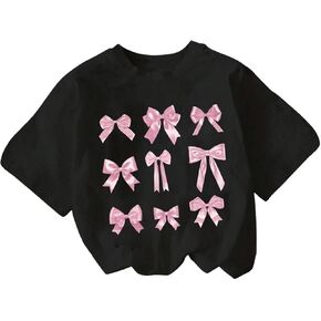Oyoangle Girl's Bow Print T Shirt Crew Neck Short spros