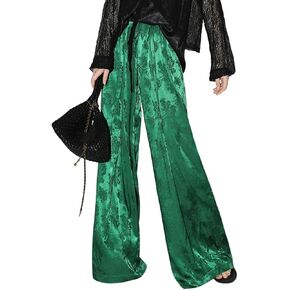 Women's Satin Wide Leg Pants Floral Textured Silky Casual Slacks High Waist Pants