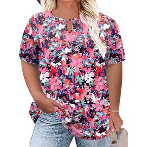 LOMON Womens Plus Size Tops Short Sleeve Shirts V Neck Pleated Keyhole Blouse Summer Casual Loose Tunic Tee 1X-5X