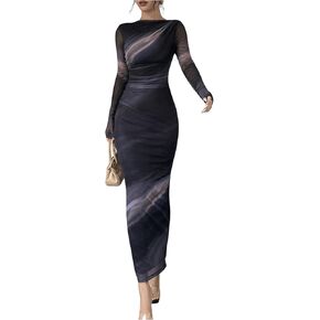 Milumia Women's Tie Dye Long Sleeve Mesh Dress Ruched Bodycon Cocktail Dresses