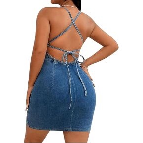 Floerns Women's Backless Criss Cross Denim Cami Dress Halter Neck Bodycon Mini Dresses in Kuwait