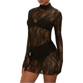 رؤية المرأة من خلال شبك الشبكة الدانتيل الصغيرة فستان وهمية عنق طويلة الأكمام فساتين bodycon