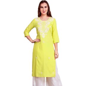 Ladyline Womens Plain Rayon Slub Chikankari Tunic Top Kurti Embroidered Lene Kurta