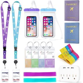 FACULX 17 Pcs Cruise Essentials Accessory Kit: Passport Holder, Luggage Tags, Lanyards, Power Strip, Towel Bands, Clips, Waterproof Phone Bags for Carnival Cruise Ship