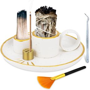 SelfTek 5 in 1 Incense Holder for Sticks, Ceramic Incense Burner Holder and Ash Catcher Tray, Palo Santo Holder - 9 Incense Holes for Candle, Sage Holder for Burning for Meditation Yoga Room (White)