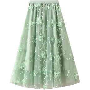 Women's Midi Tulle Skirts Floral Embroidery Layered Print Fairy Skirts Elastic Waist A-Line Mesh Skirt