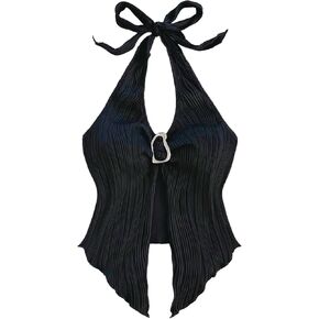 Milumia Women's Textured Tie Backless Halter Top Metal Decor Sleeveless Slit Hem Tank Tops in Kuwait