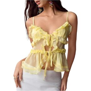 MakeMeChic Women's V Neck Mesh Cami Top Bow Tie Front Spaghetti Strap Frill Trim Ruffle Hem Camisole Tops in Kuwait