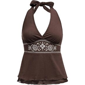SOLY HUX Women's Y2K Halter Crop Top Floral Deep V Neck Tie Back Tank Tops Sleeveless Going Out Flowy Shirts