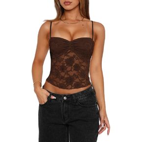 Women Lace Camisole Top Y2k Floral Sheer Mesh Spaghetti Strap Tank Top Summer Sexy Slim Fit Square Neck Shirt