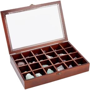 BENECREAT 24 Grid Brown Jewelry Tray Box, Wood Adjustable Display Case Rectangle Organizer Holder with Lid for Seashell, Collectibles, Rock, Festivals Gift Women