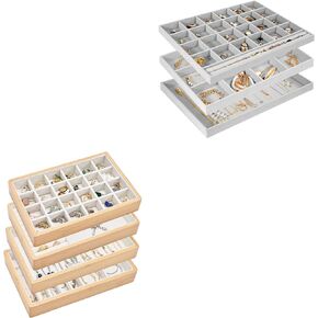 ProCase 3 Set Jewelry Trays Stackable Organizer Bundle with 4-Set Bamboo Stackable Jewelry Organizer Tray