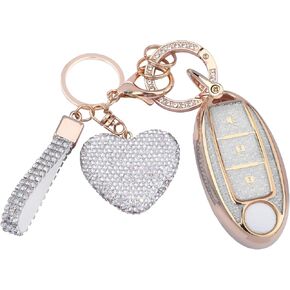 Compatiable with Nissan 5 Buttons key fob cover with Diamond Bling Keychain, Car Accessories Keys Shell TPU for Altima Sentra Rogue Pathfinder Murano Armada Maxima Versa Smart Key,Silver Pink