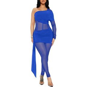 Women Sexy One Shoulder Sheer Mesh Splicing Bodycon Jumpsuit Romper Clubwear Long Sleeve One Piece Outfits