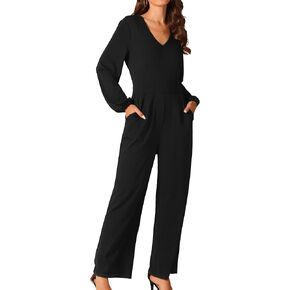 Seta T Women's V Neck Long Sleeve High Waist Wide Leg Casual Jumpsuits with Pockets