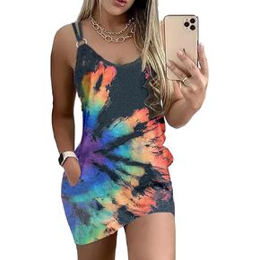 للسيدات Live Simple Coconut Tree Block Mini Dress Spaghetti Strap Sitrap Strap Sbyless Mini Dress مع جيوب