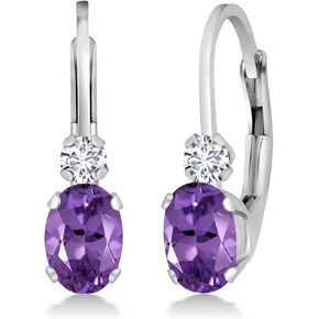 GEM Stone King 14K White Gold Purple Purple Amethyst و White Diamond Leverback أقراط للنساء | 0.77 CTTW | Gemstone February Birthstone | بيضاوي 6x4mm ، جولة 2mm | 3/4 بوصة