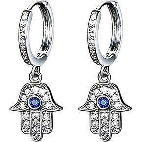14K Gold Hand of Fatima Hoop and Drop Earrings, Moissanite and Sapphire Evil Eye Earrings for Women