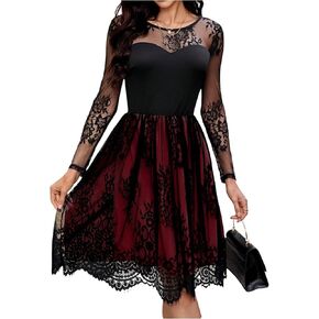Floerns Women's Wordlay Engant Mesh Long Sleeve Scallop Hem Party A Line Dress