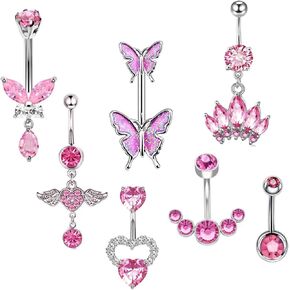 Tianci Fbyjs 14g Belly Button Ring Dangle Pink Cute Belly Rings for Women Flavel Barcing Jewelry Heart Butterfly Clear Cz Bar Bar Benly Jewelry