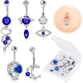 5 PCS Blue Belly Button Rings for Women,Dangle Navel Rings with CZ Stones,Stainless Steel Curved Barbell Body Piercing Jewelry with Box,Cute Belly Ring Gift Set for Women
