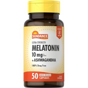 Sundance Melatonin 10mg with Ashwagandha | 50 Capsules | Extra Strength | Non-GMO & Gluten Free Supplement
