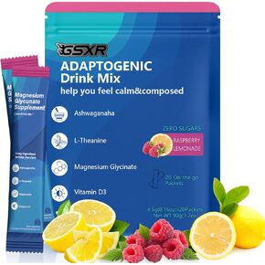 Adaptogenic Powder Drink Mix Powder, Calm Drink Mix, Magnesium Glycinate,Ksm-66 Ashwagandha,Vitamin D3, Raspberry Lemonade, Supplements for Relaxation Sleep&Focus, No Sugar, Non-GMO, 3.2 oz, 20 Srvgs