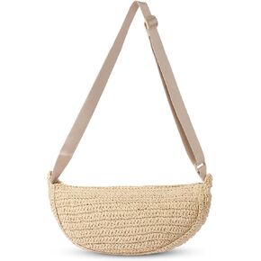 Straw Crossbody Bag Woven Purse for Women – Handmade Crochet Shoulder Bag, Summer BeachBag Vacation Straw Purse,Beige Brown