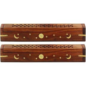 Sheesham Wood Incense Burner Holder - Set of 2 Coffin Style Sun Moon Inlay Handmade Aromatherapy Room Freshener Fragrance Cone Incense Stick Burner Ash Catcher - 12x2x2- Set of 2 Pieces