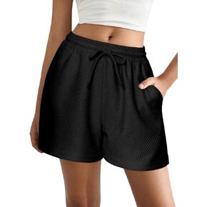 Ekouaer Womens Pajama Shorts Textured Casual Lounge Short Elastic Waist Pj Shorts Sweatsuits with Pockets 2025,Black,XXL